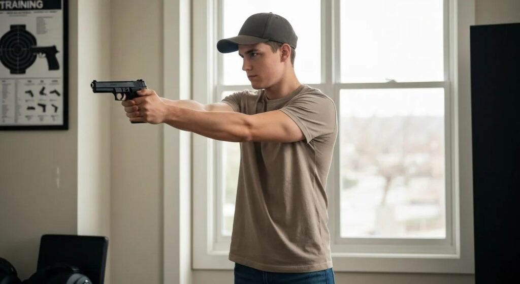 Beginner practicing dry-fire drills at home, focusing on trigger control and sight alignment